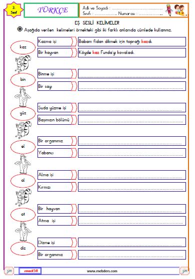 3. Sınıf Türkçe Eş Sesli Kelimeler Etkinliği